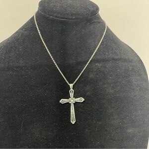 Silver Tone Cross Pendant Necklace with Blue and Clear Rhinestones